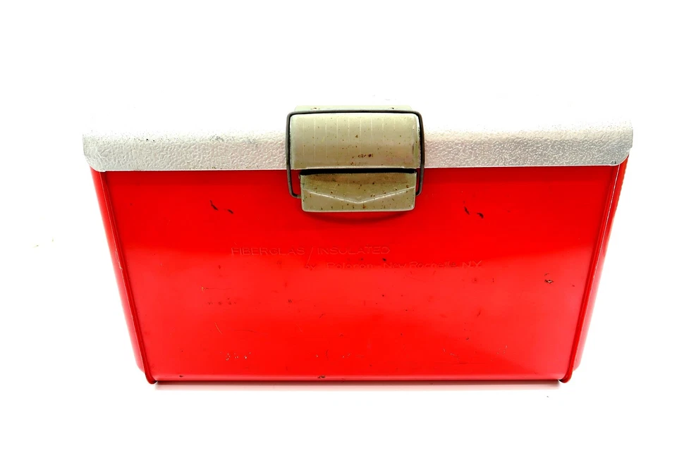 Enfriador de metal vintage POLORON rojo y plateado era de los años 50 21" x 12,5" x 10" MCM RETRO Foto 1 de 4