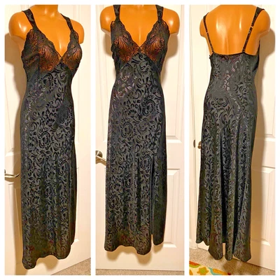 VTG 80's BLACK JACQUARD SATIN W/ BEADED LACE YOKE LONG NYLON NIGHTGOWN SZ M - Image 1 of 4