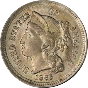 1865 Three (3) Cent Nickel Choice BU Great Eye Appeal Nice Strike - Picture 1 of 2