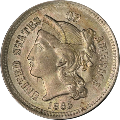 1865 Three (3) Cent Nickel Choice BU Great Eye Appeal Nice Strike - Image 1 of 2