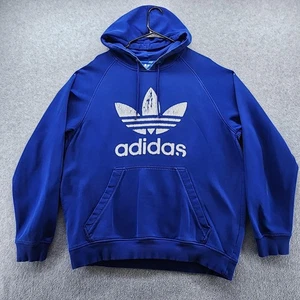 Adidas Hoodie Mens XL Blue Trefoil Spell Out Pullover Sweatshirt Distressed Logo - Picture 1 of 16