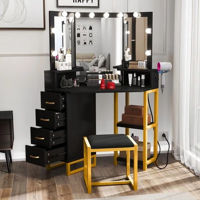 Vanity Set: LED Mirror Makeup Table with Stool, Shelve, Drawers, and Hair Rack - Image 1 of 4