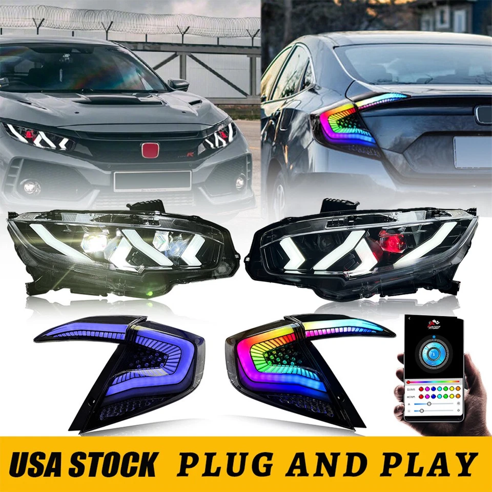 Demon Eyes LED Headlights & RGB Tail Lights  For 2016-2021 Honda Civic Sedan Foto 1 de 4