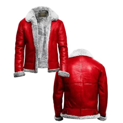 Men's Red RAF B3 Bomber Aviator Santa Claus Fur Collar A2 Genuine Leather Jacket - Image 1 of 4