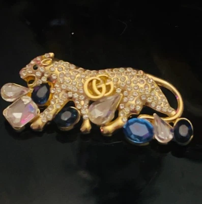 Rare Repurposed Gucci GG Crystal Walking Leopard Brooch - Image 1 of 3