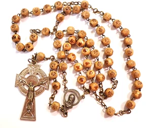 20" Celtic Rosary Shamrock Imprinted Wood Beads Crucifix 1-3/4" Center 3/4" - Picture 1 of 9