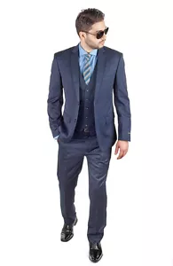 Slim Fit Men Suit 3 Piece Vested Navy Blue Notch Lapel Double Vents By AZAR MAN - Picture 1 of 8