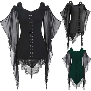 Women's Gothic Steampunk Vintage Lace-up Dress Punk Renaissance Witch Costume - Picture 1 of 31