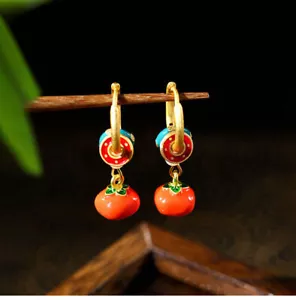 Orecchini Pomodoro Giada Vera Rossa Placcato Oro 18K Donna Pietra Gioielli Naturali - Foto 1 di 5