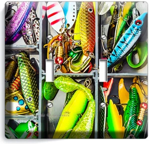 FISHING TACKLE FISH LURE FISHERMAN GEAR BOX 2 GANG LIGHT SWITCH PLATE ROOM DECOR - Picture 1 of 1
