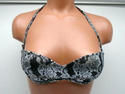 Top de bikini Sauvage Luxe metálico floral de encaje bustier negro copa D pequeña 458L Foto 1 de 3