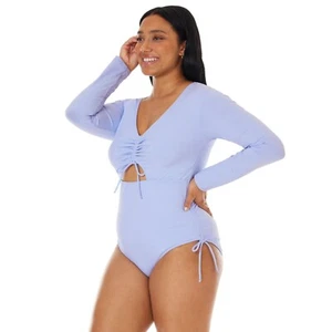 New! Celebrity Pink Swim Cut Out Ruched Long Sleeve One Piece Swimsuit Light Blu - Picture 1 of 11
