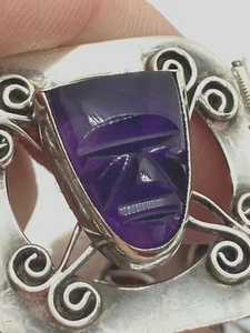 HAND CRAFTED MEXICAN STERLING SILVER & CARVED AMETHYST FACE PANEL BRACELET AE466 - Picture 1 of 17