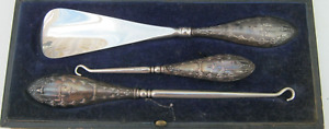 Birmingham 1913 Sterling Silver Jugendstil Cased Set Shoe Horn & Button Hooks