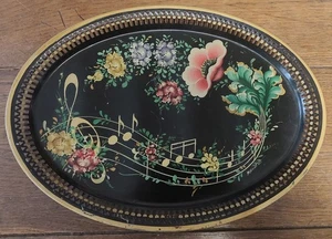 Plateau en tôle vintage décor peint à la main et signé XXème - Imagen 1 de 8