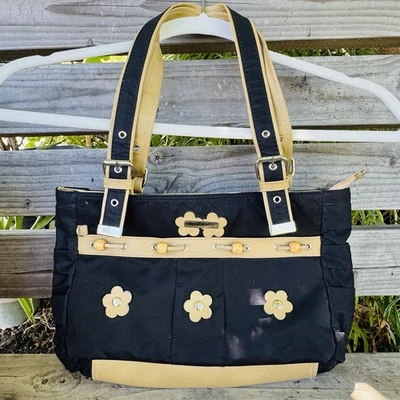 Y2K Black & Tan Nylon Shoulder Bag Purse Adjustable Straps 3D Floral Décor Wood - Image 1 of 4