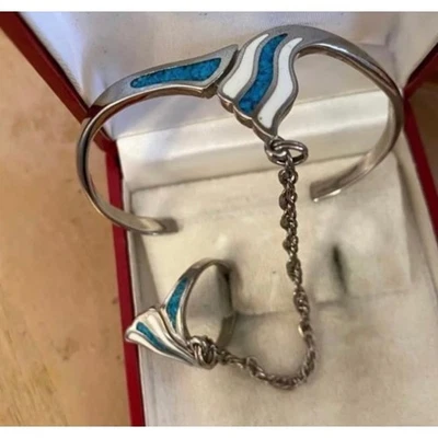 Turquoise Inlay Silver Plated Slave Bracelet Cuff Ring Set - Image 1 of 4