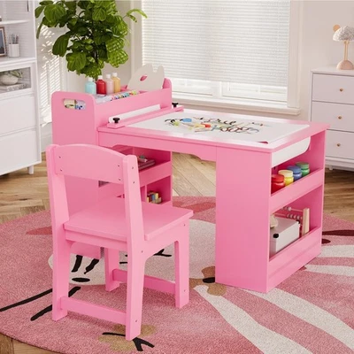 Kids Art Table and 2Chairs Craft Table with Storage Shelves Toddler Drawing Desk - Image 1 of 4