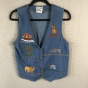 Vintage Way To Go Denim Vest Womens Large Noahs Ark Embroidered Animals 90s Rare - Picture 1 of 15
