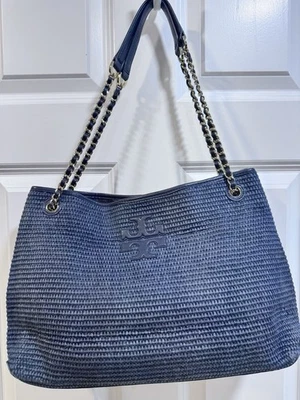 Tory Burch Thea Straw 托特包带链条和皮革肩带蓝色 — 第 1/4 张图片