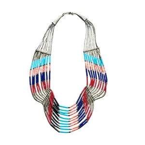 Collar babero multihila con cuentas de plata de ley piedras preciosas del suroeste firmado - Imagen 1 de 12