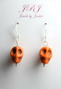 Halloween Orange Skull Goth Charm Earrings .925 Sterling Silver Costume Skulls - Picture 1 of 6