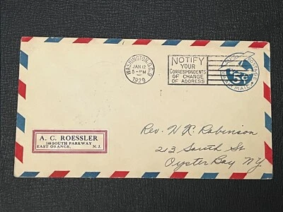 1/12/29 WASH DC CDS, A. C. ROESSLER Label Serviced Cover, Size #7, SC #UC1 FDC ! - Image 1 of 2