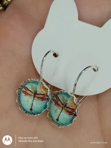 Handmade Silver Tone Scallop Lever Back Earrings With Dragon Fly Cabochons - Picture 1 of 2