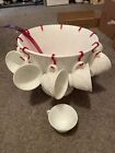 BEAUTIFUL VINTAGE MILK GLASS PUNCH BOWL & 10 CUPS - PEBBLE LEAF INDIANA GLASS