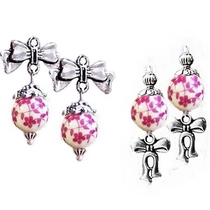 Earrings Pink Porcelain and bow charm, choose clip on or pierced - Bild 1 von 7