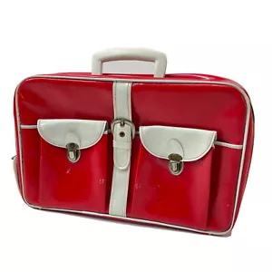 Vintage MCM Suitcase Made in Japan Red White Vinyl Pockets Zipper Small - Picture 1 of 9