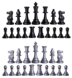 Staunton Triple Weighted Chess Pieces – Full Set 34 Black & Silver - 4 Queens - Picture 1 of 3