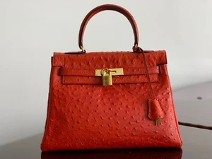 Authentic Vintage Hermes Ostrich Retourne Kelly 28 - Rouge with Gold hardware - Picture 1 of 13