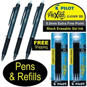 Pilot FriXion Clicker 05 Extra Fine Point Black Erasable Gel Ink Pens & Refills - Picture 1 of 4
