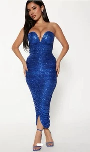 FASHIONNOVA Ruched Strapless Royal Blue Sequin midi dress - Picture 1 of 2