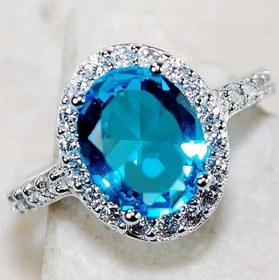 Anillo de plata de ley 925 aguamarina y topacio blanco de 3 quilates talla 8 U2-4 Foto 1 de 3