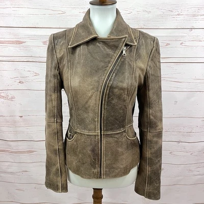 Vintage Y2K Guess Tan Brown Distressed Leather Asymmetrical Zip Moto Jacket M - Image 1 of 4