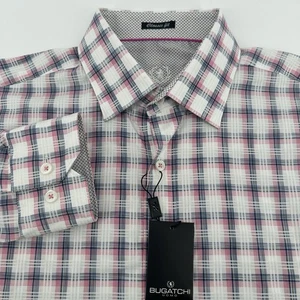 Bugatchi Uomo Mens Size M Shirt Classic Fit Button Up White Black Red Plaid NEW - Picture 1 of 10