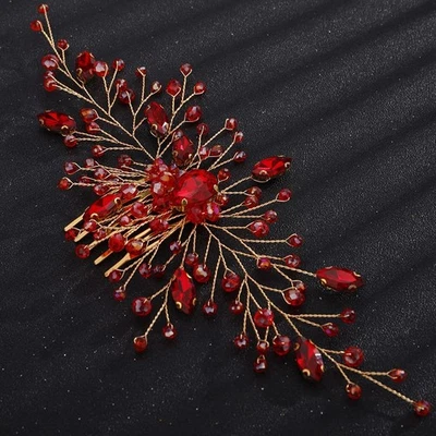 Peine de pelo delicado Teyglen para boda nupcial - pedrería roja cristal dorado  Foto 1 de 4