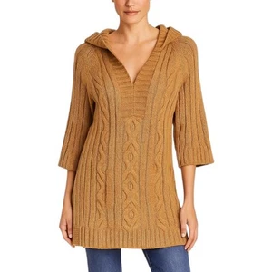 St. John Grobstrickpullover Damen M Kapuze Zopfmuster hellbraun Wollmischung Longline kuschelig - Bild 1 von 9