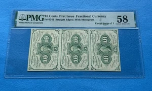 ~ FR 1242 10 TEN CENTS FIRST ISSUE FRACTIONAL CURRENCY UNCUT STRIP 3 PMG 58 CAU - Picture 1 of 4