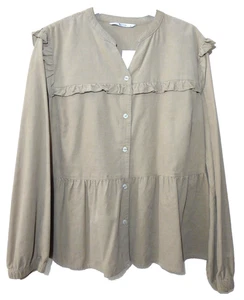 Ladies Top Stone Cord Size 14 Button Front Long Sleeves Frill Detail 100% Cotton - Picture 1 of 13