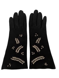 Vintage Damen schwarz Wildleder Leder Perlen Handgelenk Arto Deco Handschuhe 6-3/4 - Bild 1 von 5