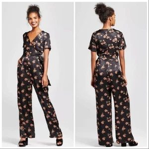 XHILARATION Jumpsuit schwarz pfirsichfarben Blumen Satin seidig zum Binden Wickel weites Bein VNeck XS - Bild 1 von 10