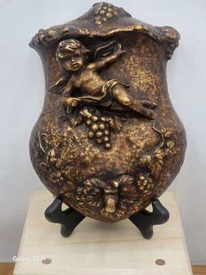 Vtg Art Nouveau Cherb Holding Grapes Wall Hanger Bronze Layered Finish  - Image 1 of 4