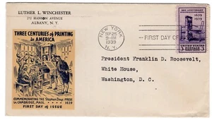 #857 Printing Tercentenary 1939 FDC - #23 VARIETY to Pres Franklin D Roosevelt - Picture 1 of 4