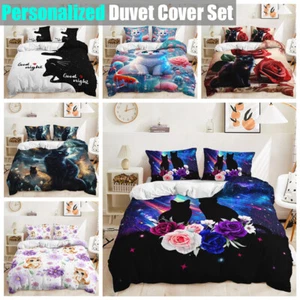 Good Night Cute Cat Goldfish Rose Balloon 3D Doona Duvet Quilt Cover Bedding Set - Picture 1 of 14