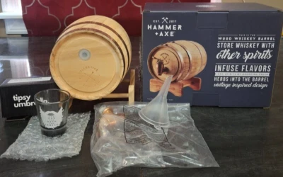 Hammer & Axe Wood Whisky Barrel 27 oz Dispenser w/ Tipsy Umbrella Shot Glass - Image 1 of 4
