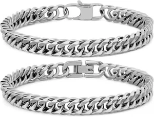 2PCS Cuban Link Bracelet, Silver Sturdy 316L Stainless Steel Cuban Link Chain fo - Picture 1 of 6