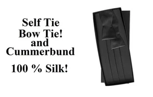 NEW Men's Black Adj. 100% Silk Cummerbund Self Tie Bow tie Tuxedo Tux Formal Set - Picture 1 of 3